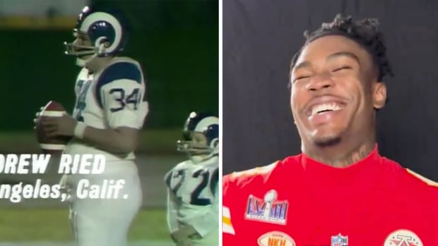 Split-screen image of Andy Reid as a teenager and Rashee Rice